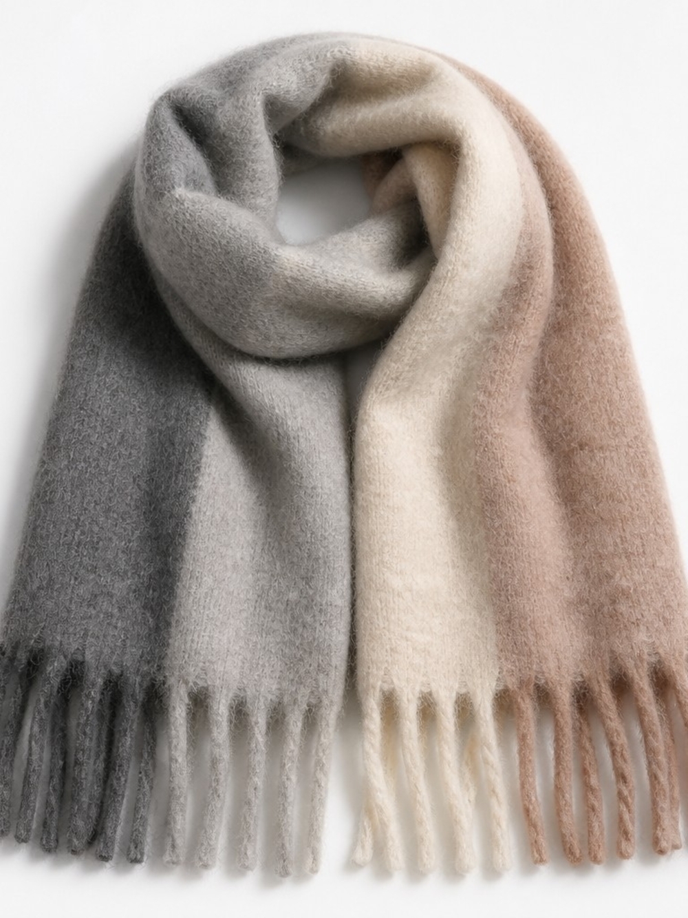 Ombre Fringe Wool-Blend Scarf in Gray, Cream & Tan